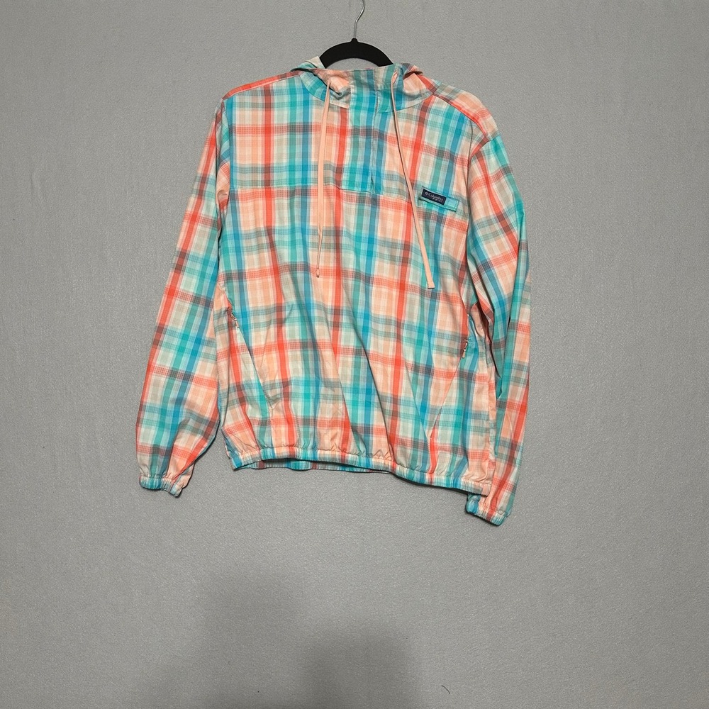 Columbia PFG Windbreaker Jacket Mens Large‎ Plaid Hooded Fishing Pullover Orange